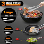 Walfos Stainless Steel Kitchen Tongs - 7, 9 & 12 Inch Heavy Duty Locking Metal Tongs for Cooking, BBQ Grilling, Set of 3 Non-Slip Grip (Wine Red)