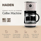 Haden 12-Cup Programmable Coffee Maker for Home or Office, Putty & Chrome – Drip Brewer Machine with Brew Strength, Delay Brewing, Auto Shut-Off and Reusable Washable Water Filter