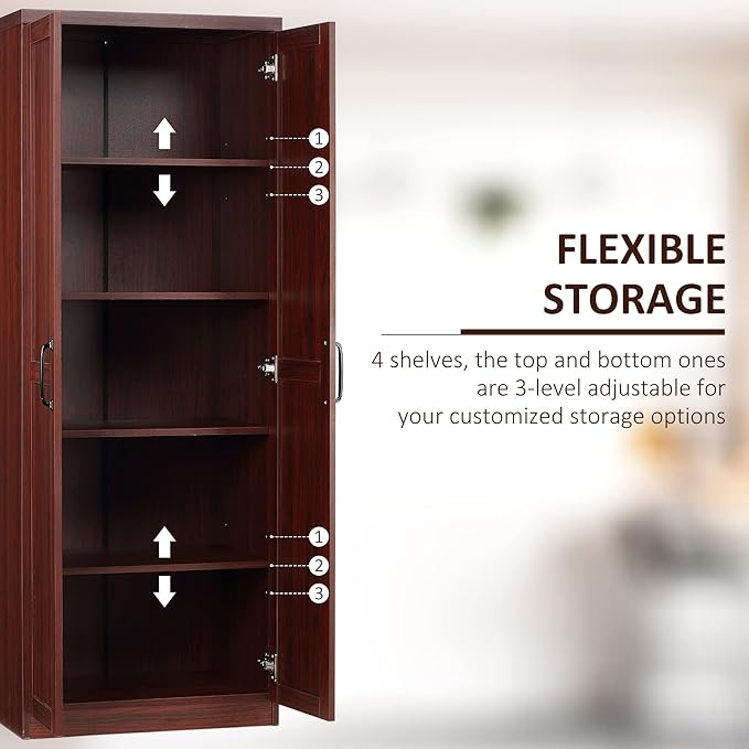 HOMCOM 63" 2-Door Kitchen Pantry, Freestanding Storage Cabinet with 5-Tier Shelving and 2 Adjustable Shelves for Dining Room, Espresso