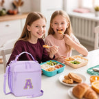 Initial Insulated Lunch Bag for Girls Kids, Back to School Gift, Reusable Leak-proof Lunch Box with Adjustable Strap for School Daycare Travel Picnic (Purple,A)