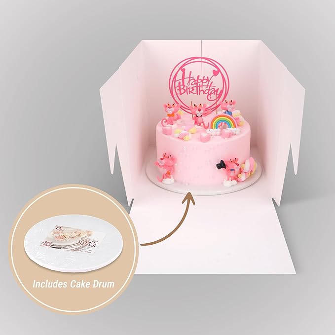 Cakebon Cake Boxes with Boards - 10 Inch Round Cake Drum Gold - Box With Window for Birthdays, Weddings and Parties (1pc Each, 2pcs Total)