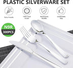 N9R 300PCS Silver Plastic Silverware Set, 100 Forks, 100 Spoons, 100 Knives, Heavy Duty Disposable Cutlery for Parties, Fancy Disposable Flatware for Weddings, and Daily Use