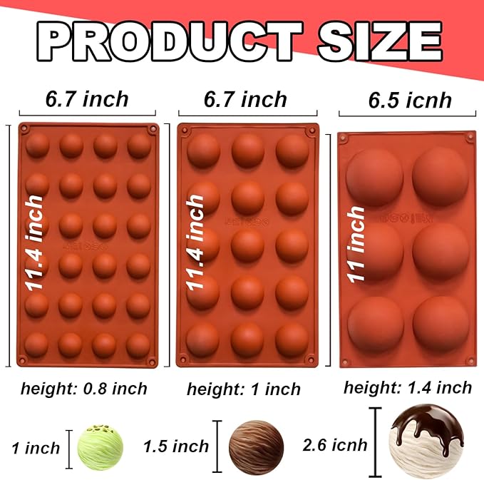 Semi Circular Silicone Molds, Non-Stick Silicone Chocolate Molds,3 Packs Baking Molds for Making Chocolate, Cake, Jelly, Desert, Biscuit, Dome Mousse (6 Cups, 15 Cups and 24 Cups)