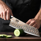SHAN ZU Damascus Santoku Knife 7 inch, Japanese Kitchen Knives Copper & Damascus Steel High Carbon 33 Layer Hand Forged Ultra Sharp Utility Chef Knife Professional Carving Knife with Maple Wood Handle