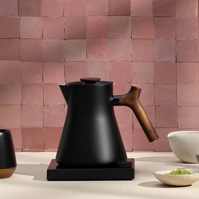 Fellow Corvo EKG Pro Studio Edition Electric Tea Kettle - Quick Heating, Precise Temperature Control, Scheduling, Built-in Brew Timer - Matte Black with Walnut Handle - 0.9 Liter
