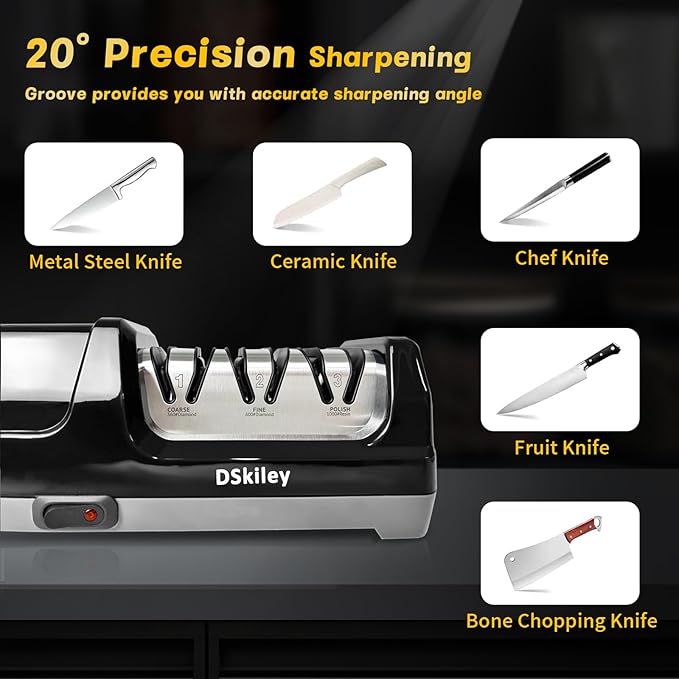 Professional 3-stage Electric Knife Sharpener for Kitchen Knives, with 100% Diamond Abrasive 20° Precision Angle Guide, Quickly Sharpening, Repairing/Restoring/Polish Blades (Silver)