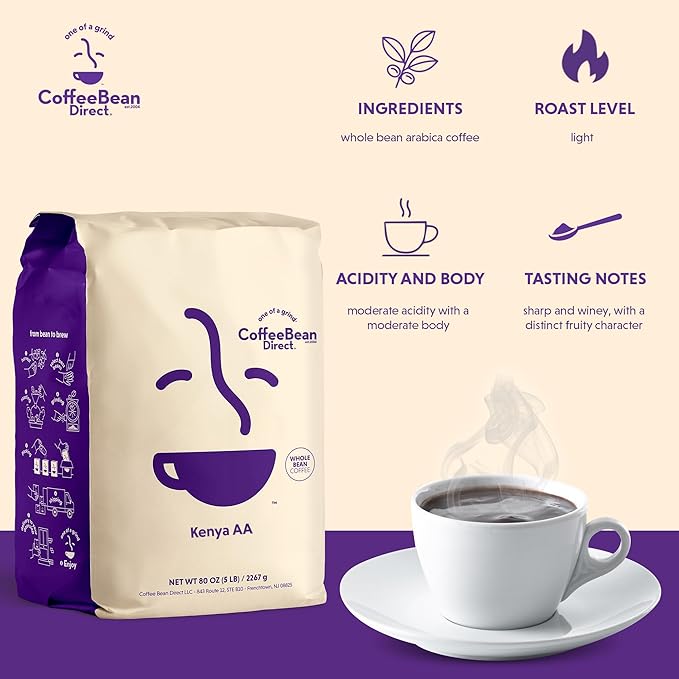Coffee Bean Direct Kenya AA, Whole Bean Coffee, Light Roast, 5 Pound Bag (Pack of 1)