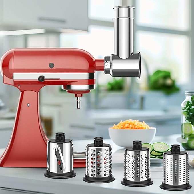 Stainless Steel Slicer Shredder & Cheese Grater Attachment for Kitchenaid Stnad Mixer - 4 Blades Salad Maker with Grinding Powder Function by FGREEBLE