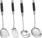 FJNATINH Wok Spatula Set of 4, Spatula Slotted Turner, Soup Ladle, Slotted Spoon for Cooking Utensils with Wooden Handle, Kitchen Stainless Steel Spatulas Cooking Spoons