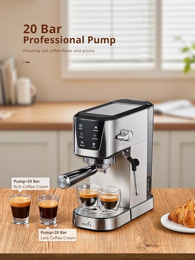 UDI Espresso Machines with LED Touch screen, 20 Bar Espresso Coffee machine for Lattes, Cappuccinos, Americano, Compact Cappuccino Latte Machine for Home, Silver