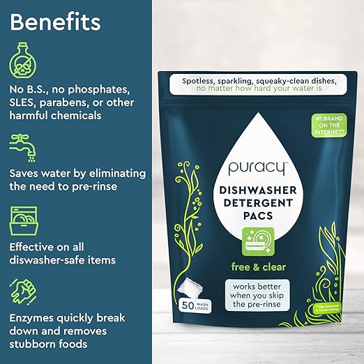 Puracy Dishwasher Pods, Natural Dishwasher Detergent, Free & Clear Dish tabs - Enzyme-Powered, Spot & Residue Free - TikTok Trend Items, Must Haves from TikTok Made Me Buy It (Free & Clear, 50 Count)