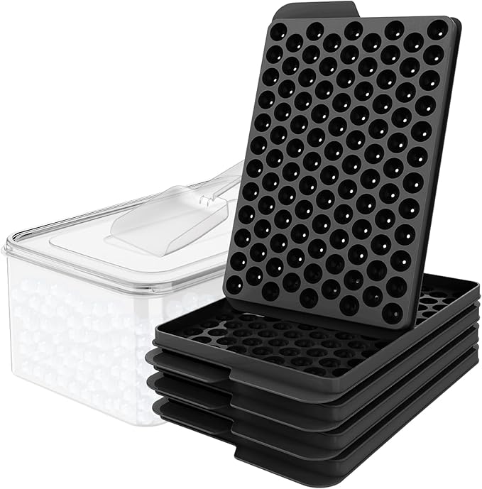 WIBIMEN Mini Ice Cube Trays, Small Tiny Round Pebble Crushed Nugget Ice Trays for Freezer with Lid - Chilling Drinks Coffee Juice(4 Pack/0.55In - Black)