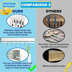YIIYIIN 12" Premium 304 Stainless Steel Double-Sided Magnetic Knife Holder for Wall or Fridge -with Adhesive Strip, No Drill -6 Hooks Included for Kitchen Utensils