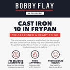 GreenPan x Bobby Flay 10” Cast Iron Pre-Seasoned Skillet with Helper Handle, Professional Grade Heavy Duty, Induction, Pour Spouts, Versatile Stovetop, Oven, BBQ Grill Fire, Indoor/Outdoor Use, Black