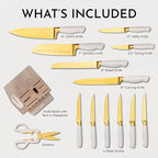 White and Gold Knife Set with Block Self-Sharpening – 14-Piece Titanium Coated Gold and White Kitchen Knives with Ashwood Block and Built-In Sharpener – Luxury Kitchen Accessories, Ideal Gift