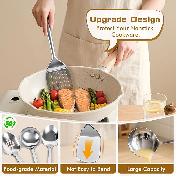 8 Pcs Cooking Utensils Set, Stainless Steel Kitchen Utensils, Heat Resistant Metal Kitchen Tools Include Solid & Slotted Spatula, Serving Spoon, Ladle, Pasta Server,Potato Maseher, Egg Whisk, Silver