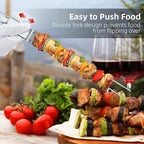 Skewers for Grilling- 17 inch (6 Pack) Double Pronged Flat Stainless Steel BBQ Skewer with Push Bar- Kabob Skewers Skewer Sticks for Camping or family - Reusable, BBQ Accessories