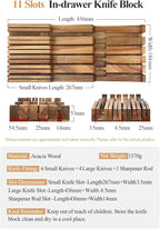 XINZUO In-drawer Knife Block, Natural Acacia Knife Drawer Oganizer, Insert-Kitchen Storage Holder, 11 Slots, Holds up to 11 Various Size Knives, Countertop Saving&Knife Protective