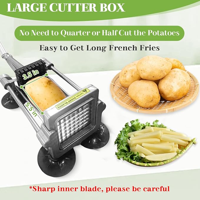 Commercial French Fry Cutter, Heavy Duty Potato Slicer with 3/8 and 1/4Inch Blade, Stainless Steel Potato ChopperFrench Fries Cutter with Suction Feet,