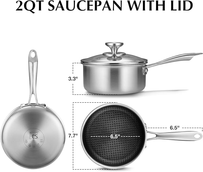 KOCH SYSTEME CS Hybrid Nonstick Stainless Steel Saucepan, 2 Quart Tri-Ply Stainless Steel Sauce Pan with Nonstick Honeycomb Interior, Hybrid Sauce Pan with Lid, Small Steel Pot, Induction Compatible
