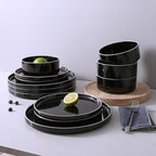 Famiware Nebula Plates and Bowls Sets for 4, 12 Pieces Stoneware Dinnerware Set, Microwave and Dishwasher Safe Dishes Set, Black with White Rim