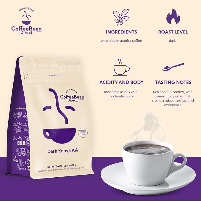 Coffee Bean Direct Dark Kenya AA, Whole Bean Coffee, Dark Roast, 1 Pound Bag (Pack of 1)