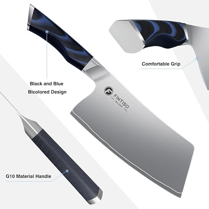 FINTISO Cleaver Knife 7 In, Kitchen Butcher Knife with G10 Ergonomic Handle, High Carbon Steel Vegetable Meat Cleaver, Heavy Duty Bone Chopper for Home and Restaurant