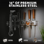 16" Magnetic Knife Holder for Refrigerator with 2x Storage - Safe, Patented Storage Design - Stainless Steel Double Sided Magnetic Kitchen Knife Holder for Fridge - Magnet Strip Utensil Organizer