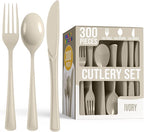 Party Solids Ivory Plastic Silverware Heavy Duty 300 Pieces Ivory Plastic Cutlery Sets, Utensil Sets, 100 Of Each Forks, Knives & Spoons Disposable Cutlery Set, Flatware Set For Party Supplies