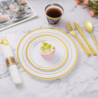 Goodluck 700 Piece Gold Plastic Dinnerware Set for 100 Guests, Disposable Plates for Party, Include: 100 Dinner Plates, 100 Dessert Plates, 100 Pre Rolled Napkins with Silverware, 100 Cups