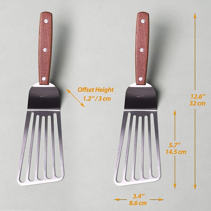 2 Pack Offset Fish Spatula Turner, Stainless Steel Slotted Spatulas for Flipping, Turning, Frying & Grilling, Offset Metal Slotted Spatulas, Wooden Full Tang Handle