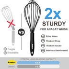 Anaeat Silicone Balloon Whisk, Perfect for Non-Stick Cookware, Milk and Egg Beater Blender, Heat Resistant Kitchen Whisks for Whisking, Cooking, Baking, Beating, Frothing & Stirring (Black)