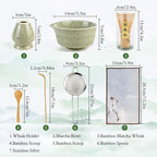 Matcha Whisk Set - Ceramic Matcha Set Includes Matcha Bowl, Whisk and Holder, Bamboo Scoop, Scoop Rest, Sifter and Tea Towel - 7 Pcs Ceremonial Gift Kit for Matcha Lovers (Pure Green)