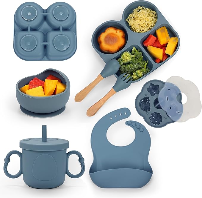 Silicone Feeding Set, Led Weaning Supplies, Food Tableware Suction Plate, Bowl, Spoons, Fork, Waterproof Bib, Cup & Complementary Food Cake Mold, Baby Eating Utensils