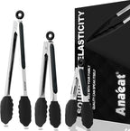 Anaeat Non-Stick Silicone Locking Tong Set of 3 - Stainless Steel 7", 9", 12" Kitchen Food Tongs with Non-Slip Silicone Tips and Grip for Cooking, Baking and BBQ - Heat Resistant up to 480°F (Black)