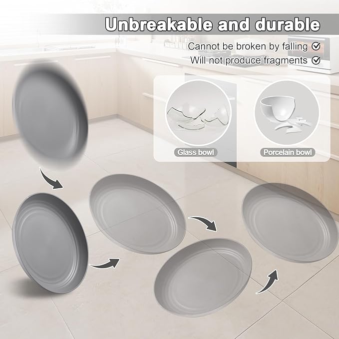 12 Pcs Unbreakable Deep Dinner Plates Set, 10 inch Reusable Plastic Wheat Straw Plates, Microwave and Dishwasher Safe Plate for Kitchen, Lightweight Plate for Dessert, BPA Free, 6 Colors