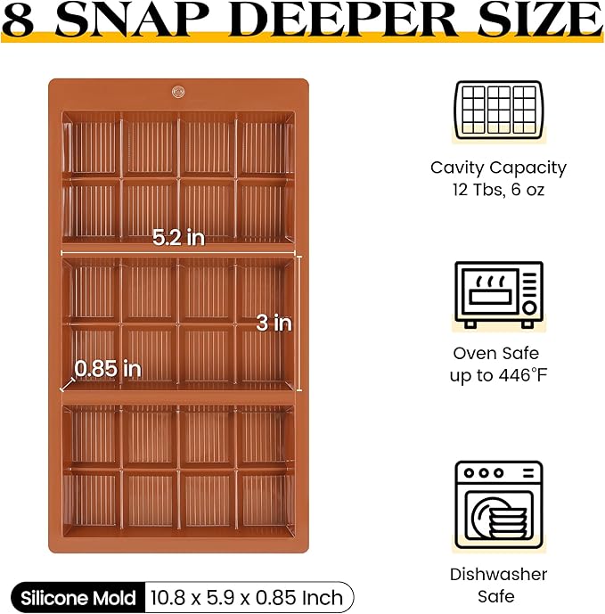 1 Pc Chocolate Bar Mold Deep Dubai 0.85 Inch Stuffed Large Chocolate Molds Silicone Break Apart Thick Silicone Molds for Candy Bar (8 Snap）