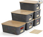 Small Plastic Storage Bins with Bamboo Lids 5.2qt Stackable Box Basket Pantry Decorative Containers Cute with Lable for Organizing Desktop Closet Office Gray of 6 packs 10 * 7.2 * 4.1'’