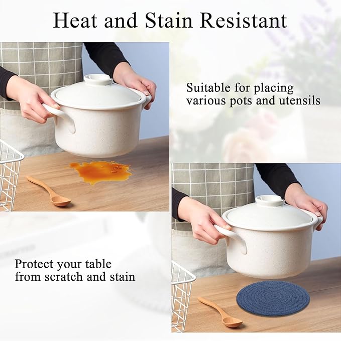 SHACOS 8 Inches Trivets for Hot Dishes, 4 Pieces Cotton Trivets Mats for Kitchen, Hot Pads for Countertops and Table, Heat-Resistant Pot Holders for Hot Pots and Pans(Blue, 4pcs)