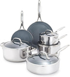 GreenPan Valencia Pro Stainless Steel 10 Piece Cookware Pots and Pans Set, Induction Suitable Mirrored Tri-Ply, Ceramic Nonstick PFAS-Free Coating, Multi Clad, Dishwasher Oven & Broiler Safe