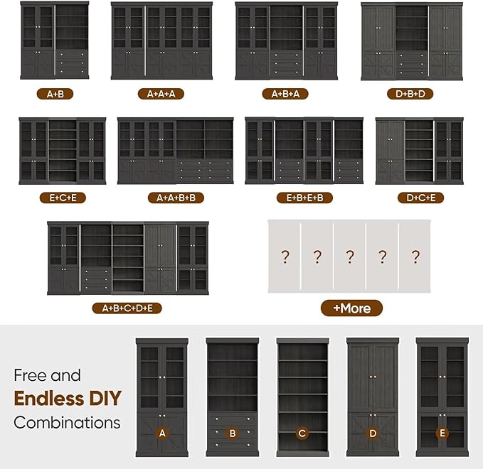70.8" Tall Farmhouse Bookshelf with Glass Doors, Modular Bookcase with 6-Tier Adjustable Shelves, Large Storage Cabinet for Kitchen, Living Room, Black, Set of 2