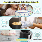 LIANYU 6 inch Cake Pans for Baking, Round Cake Pan Set of 4, Nonstick Stainless Steel Baking Tin Bakeware for Birthday Wedding Party, Non Toxic Coating, 3 Inch Deep, Black