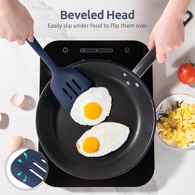 600ºF Heat Resistant Slotted Turner: U-Taste 13.6" Silicone Kitchen Spatula Flipper, 3.74in Wide Food Grade Flexible Rubber Cooking Utensil for Egg, Pancake, Cookie, Nonstick Cookware-Midnight Blue