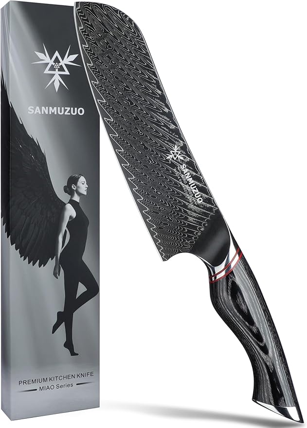 Japanese 7" Santoku Knife - Kitchen Chef Knife - Black Damascus Steel with Ergonomic Handle - MIAO Series
