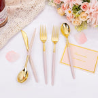 SUT 160Pcs Pink and Gold Plastic Silverware, Heavy Duty Plastic Silverware, Valentines Plastic Utensils, 80 Plastic Forks, 40 Knives, 40 Spoons, Disposable Cutlery for Parties, Valentines(Pink Gold)