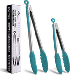 HOTEC Premium Stainless Steel Locking Kitchen Tongs with Silicon Tips, Set of 2-9" and 12", Turquoise