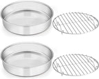 E-far 8-inch Round Cake Pan with Rack Set, Stainless Steel Cake Pans Tins and Baking Cooling Racks, Non Toxic & Healthy, Mirror Polished & Dishwasher Safe - 4 Pieces (2 Pans + 2 Racks)