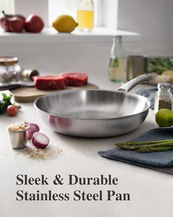 12 inch Tri-Ply Stainless Steel Frying Pan with LID,PFOA&PTFE Free Skillets,Chef's Pans,Dishwasher and Oven Safe Cookware, Works on Induction,Ceramic and Gas Cooktops