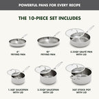 GreenPan Valencia Tri-Ply Stainless Steel 10 Piece Cookware Set, Induction Ready Pots & Pans, Mirror Finish, Dishwasher Safe & Oven/Broiler Safe to 600F, Compatible with All Cooktops, Silver