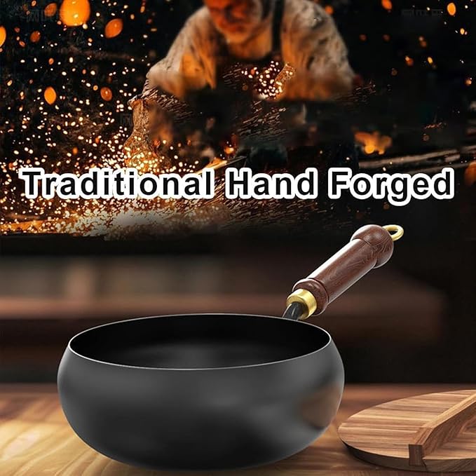 Jinswhdre Cast Iron Skillet, 9.5/11in Jinswhdre Japanese Irons Pan, Hand Forged Uncoated Iron Pan with Lid Spatula, Non-stick Wok for Cooker Gas Stir Fry Pans Durable and Rust-Free (Wooden Lid,11in)